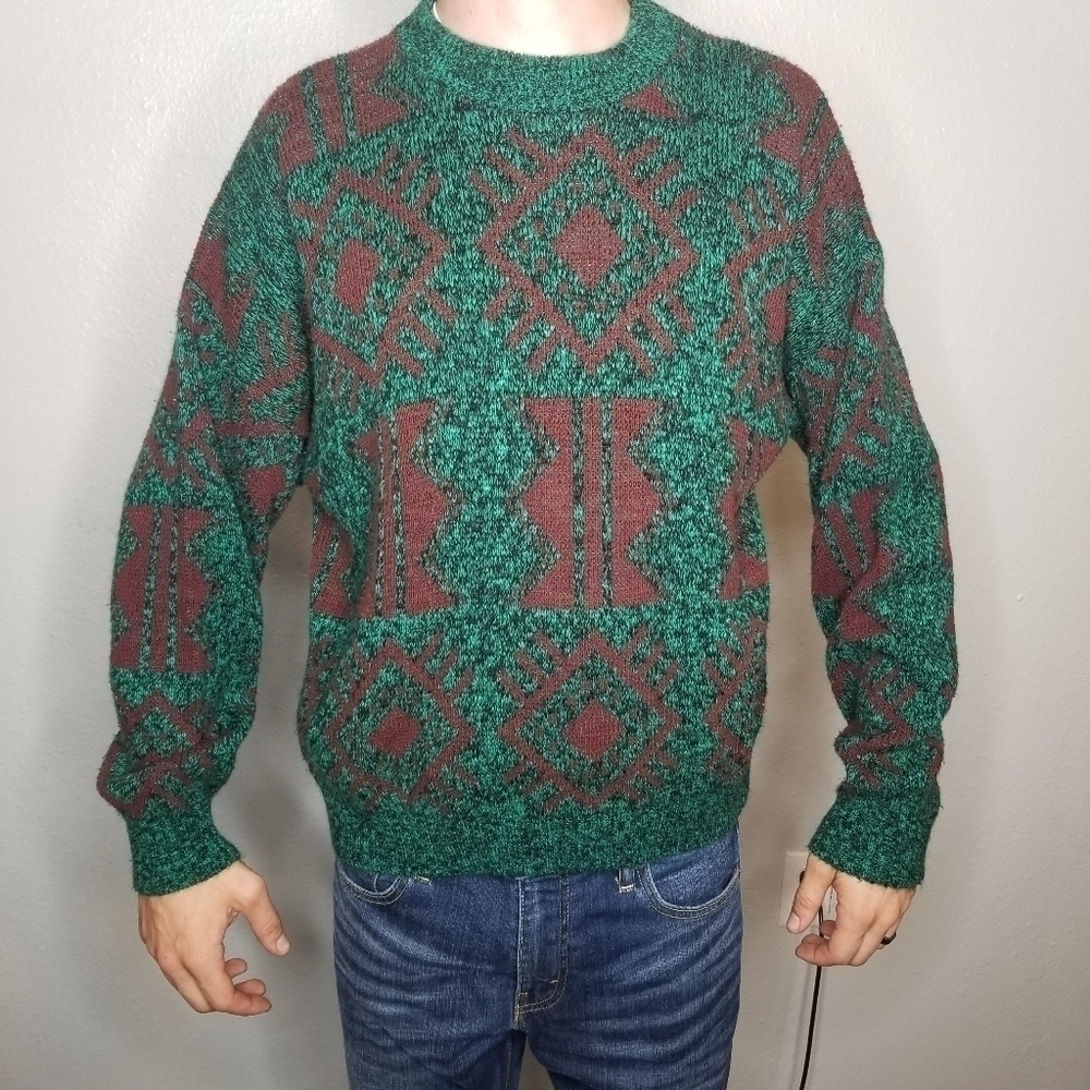 Rave Sweater Green Burgundy Geometric Tribal Knit‎ Pullover Mens M